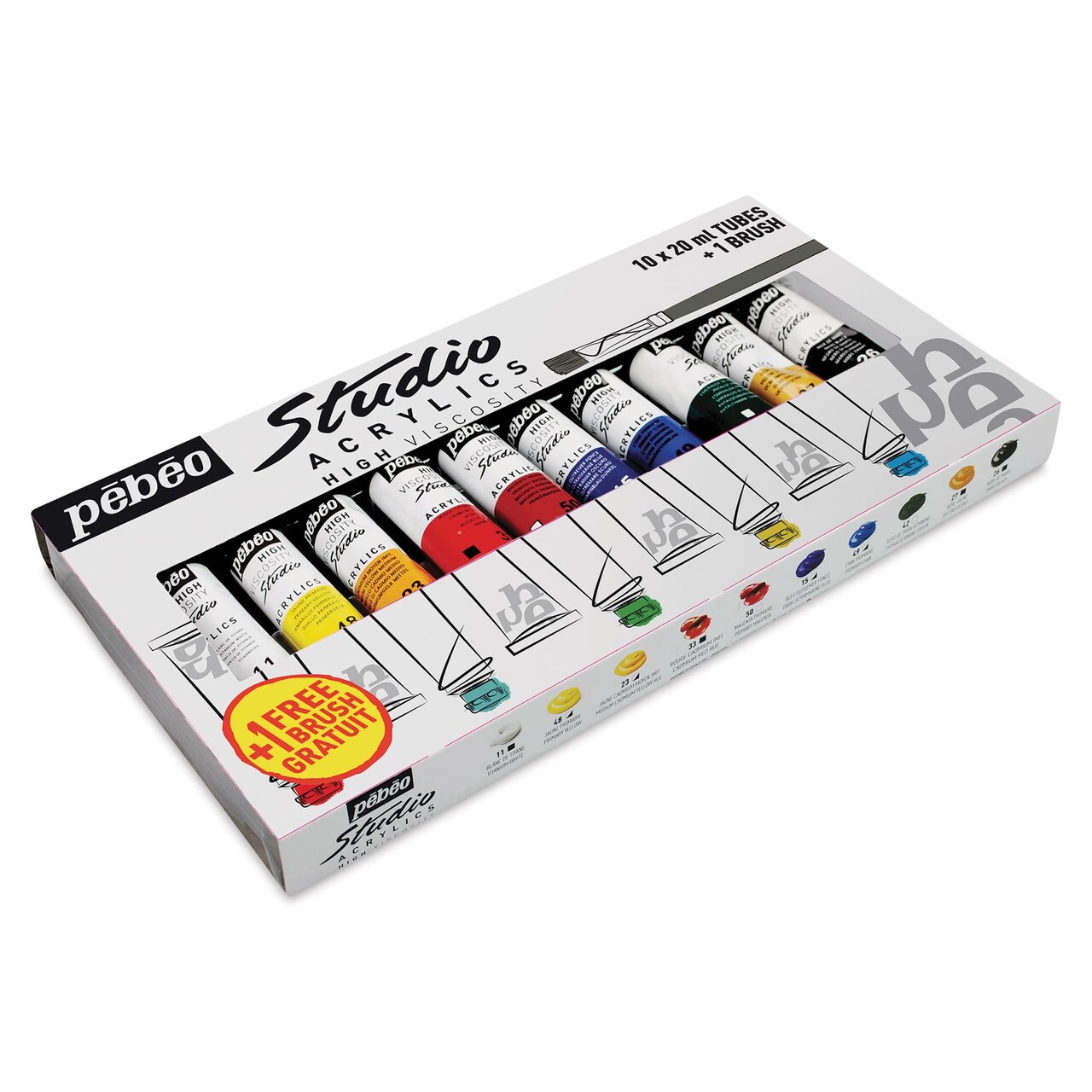 Pebeo High Viscosity Studio Acrylics - Set of 10 with Brush, Assorted Colors, 20 ml Tubes